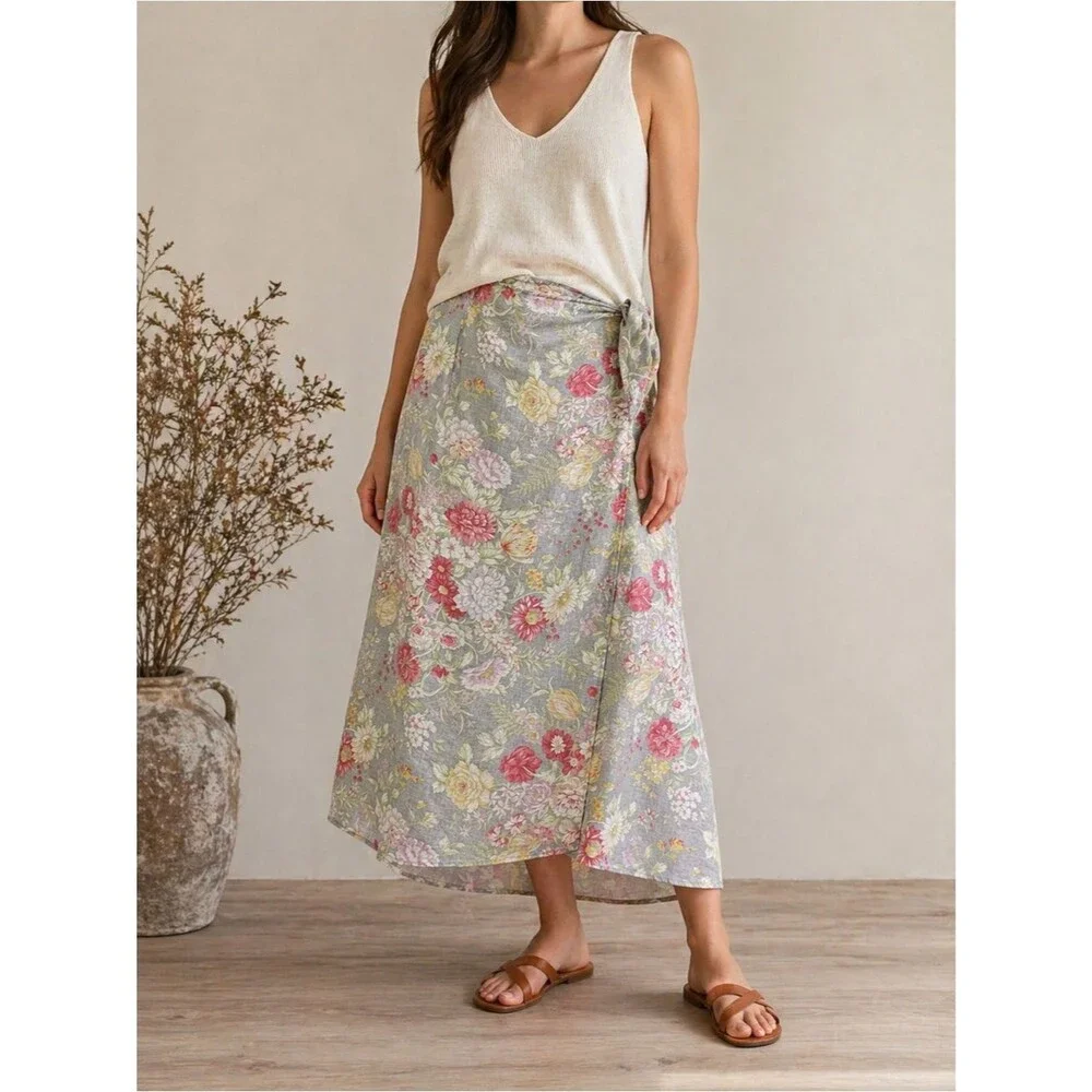 Vintage Lauren Ralph Lauren Floral Linen Wrap Skirt Gray Pink Yellow Sz 18W Midi